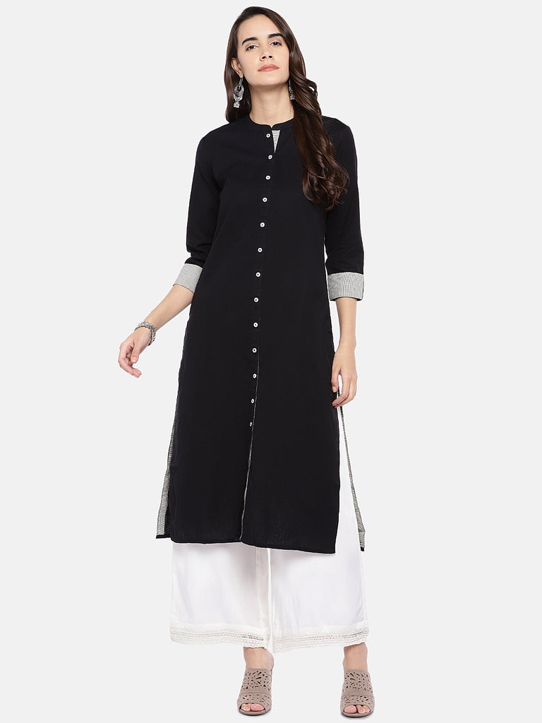 Women A Line Three-Fourth Black Kurta