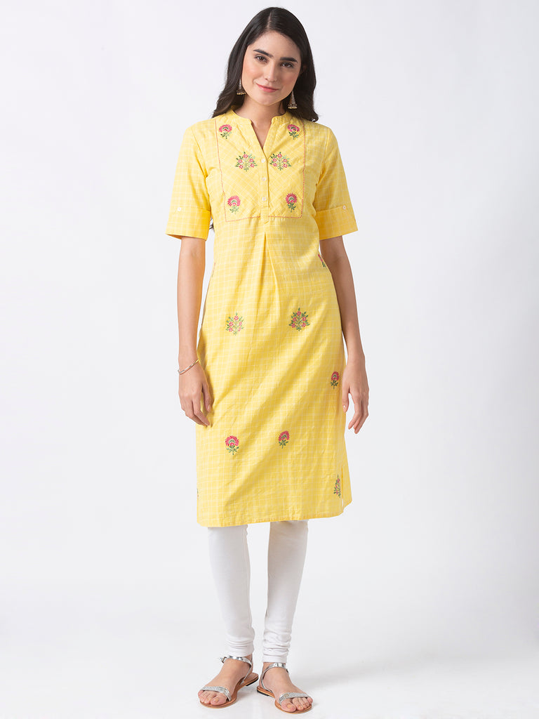 Women Straight Three-Fourth Yellow Tunic