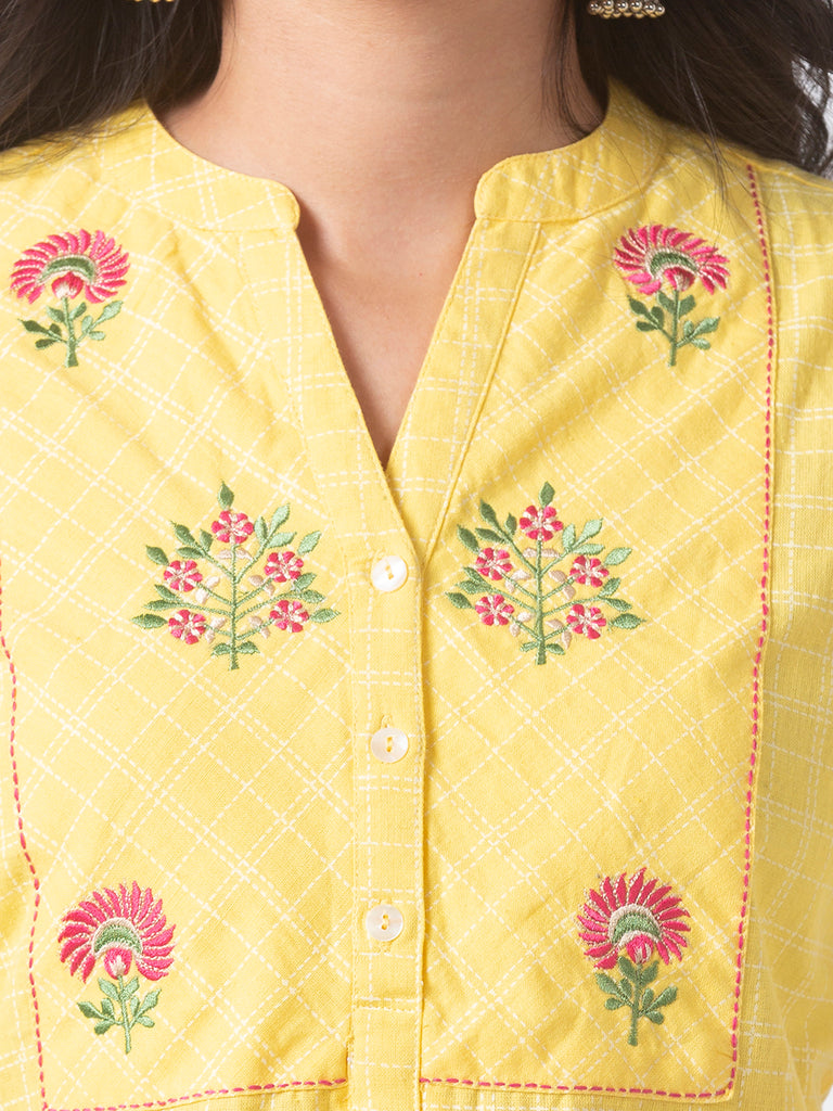 Women Straight Three-Fourth Yellow Tunic