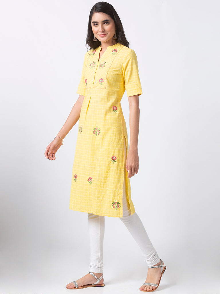 Women Straight Three-Fourth Yellow Tunic