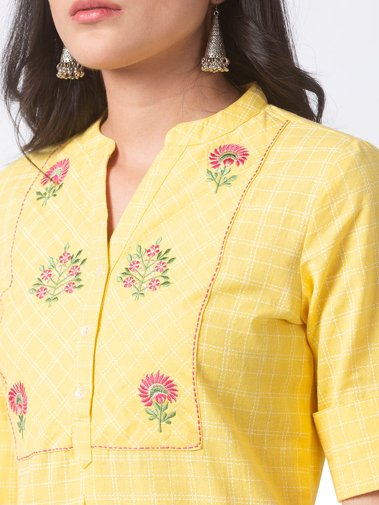 Women Straight Three-Fourth Yellow Tunic