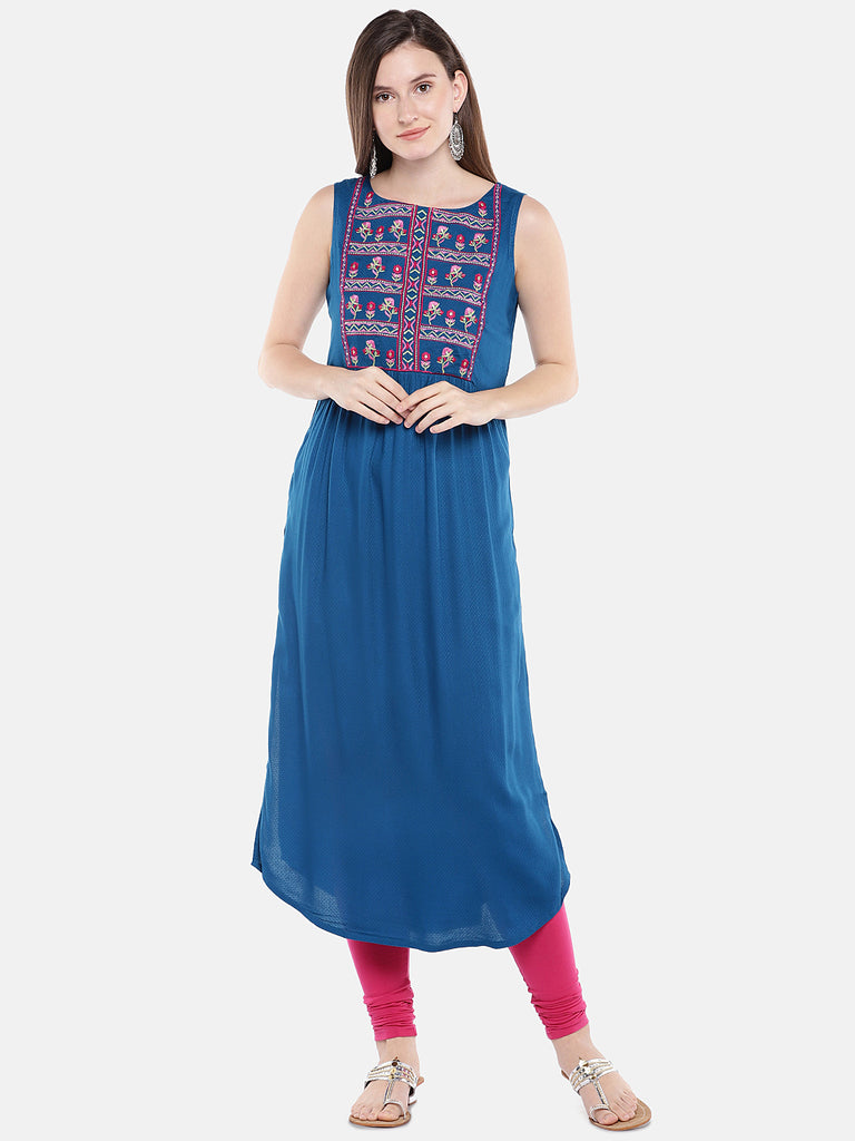 Women Straight Sleeveless Blue Kurta