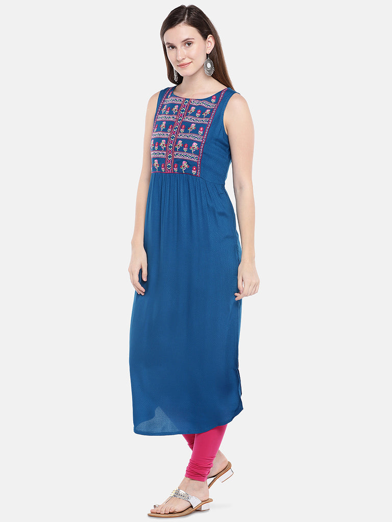 Women Straight Sleeveless Blue Kurta