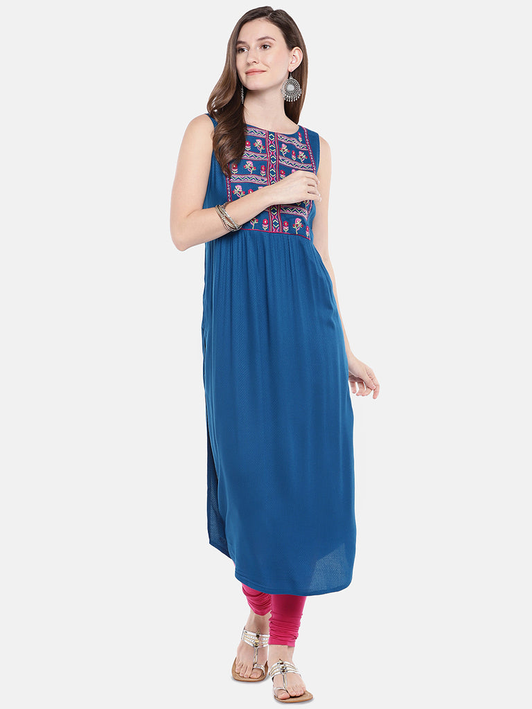 Women Straight Sleeveless Blue Kurta