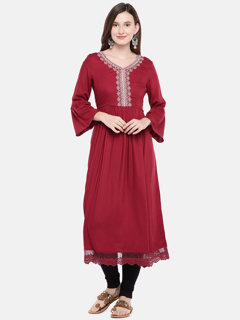 Women Flared Three-Fourth Maroon Kurta