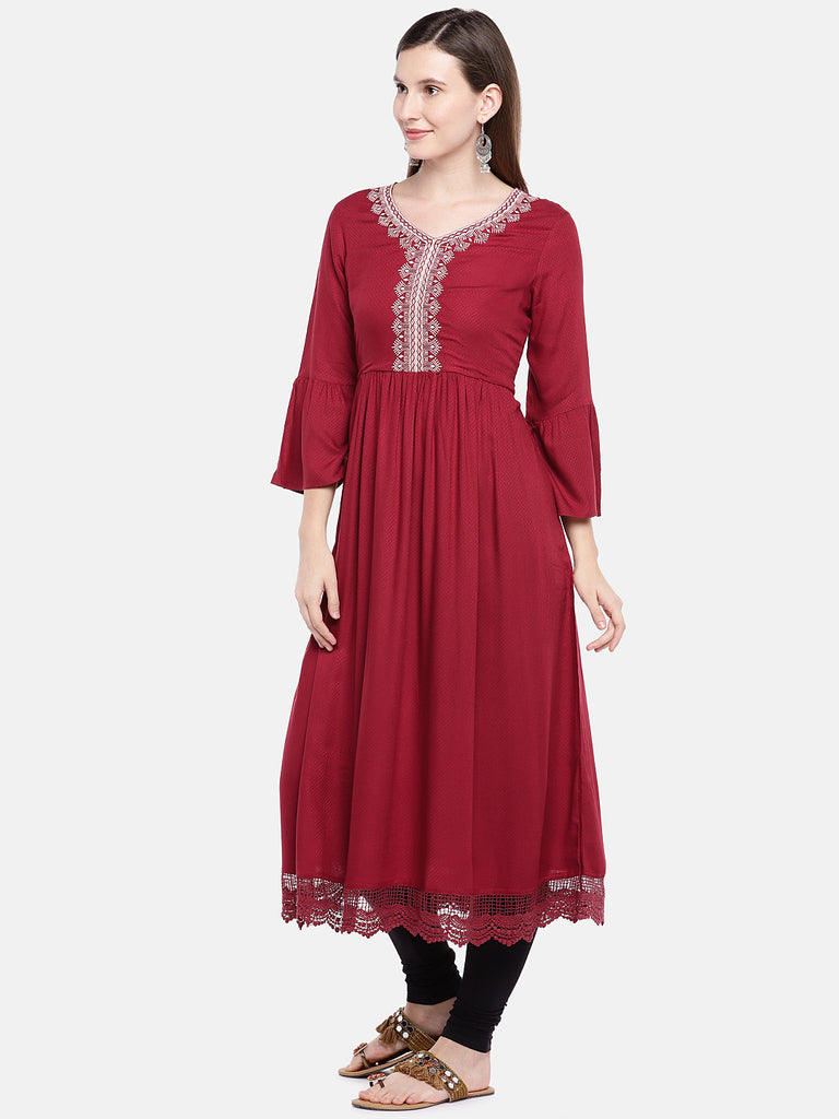 Women Flared Three-Fourth Maroon Kurta