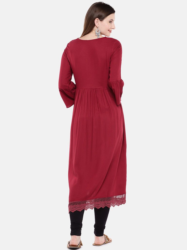 Women Flared Three-Fourth Maroon Kurta
