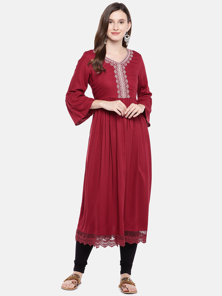 Women Flared Three-Fourth Maroon Kurta