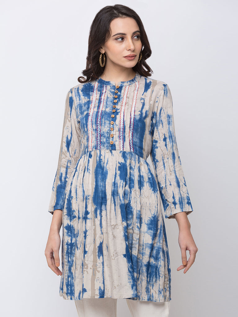 Women Flared Three-Fourth Indigo Tunic