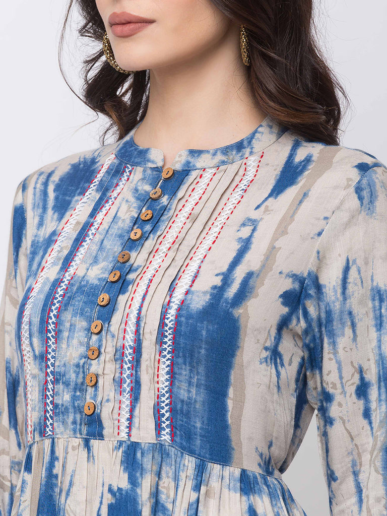 Women Flared Three-Fourth Indigo Tunic
