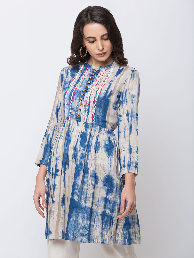 Women Flared Three-Fourth Indigo Tunic