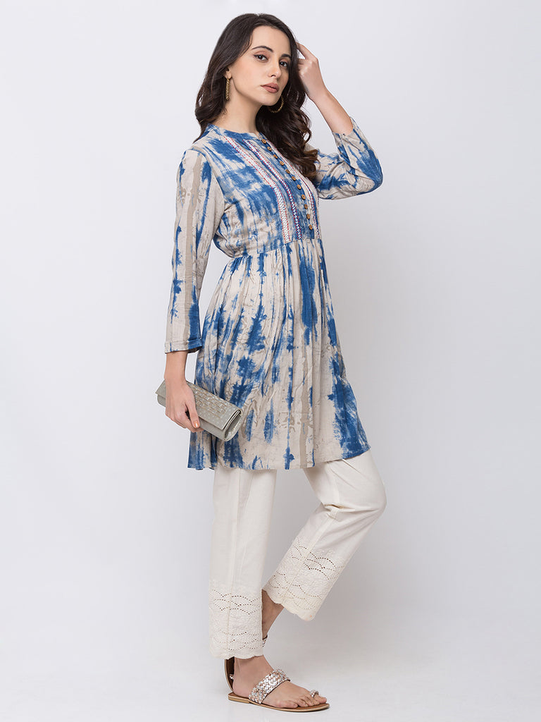 Women Flared Three-Fourth Indigo Tunic