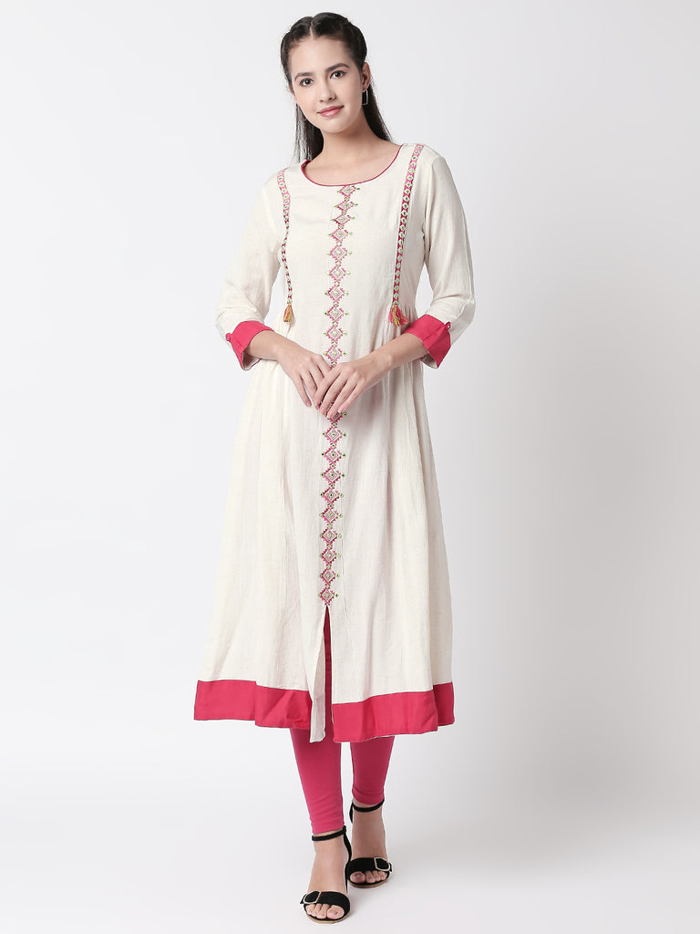 Women Gathered Three-Fourth Ecru Dress