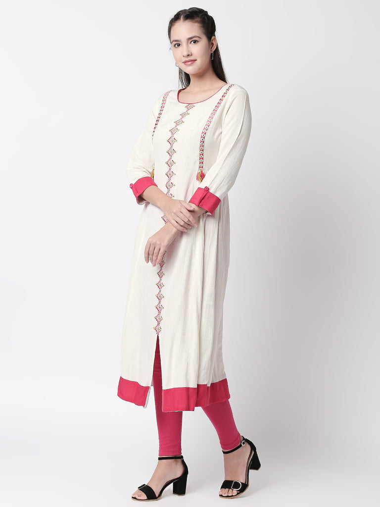 Women Gathered Three-Fourth Ecru Dress