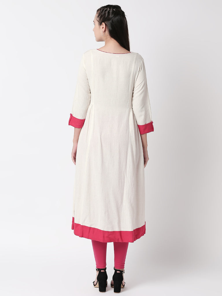Women Gathered Three-Fourth Ecru Dress