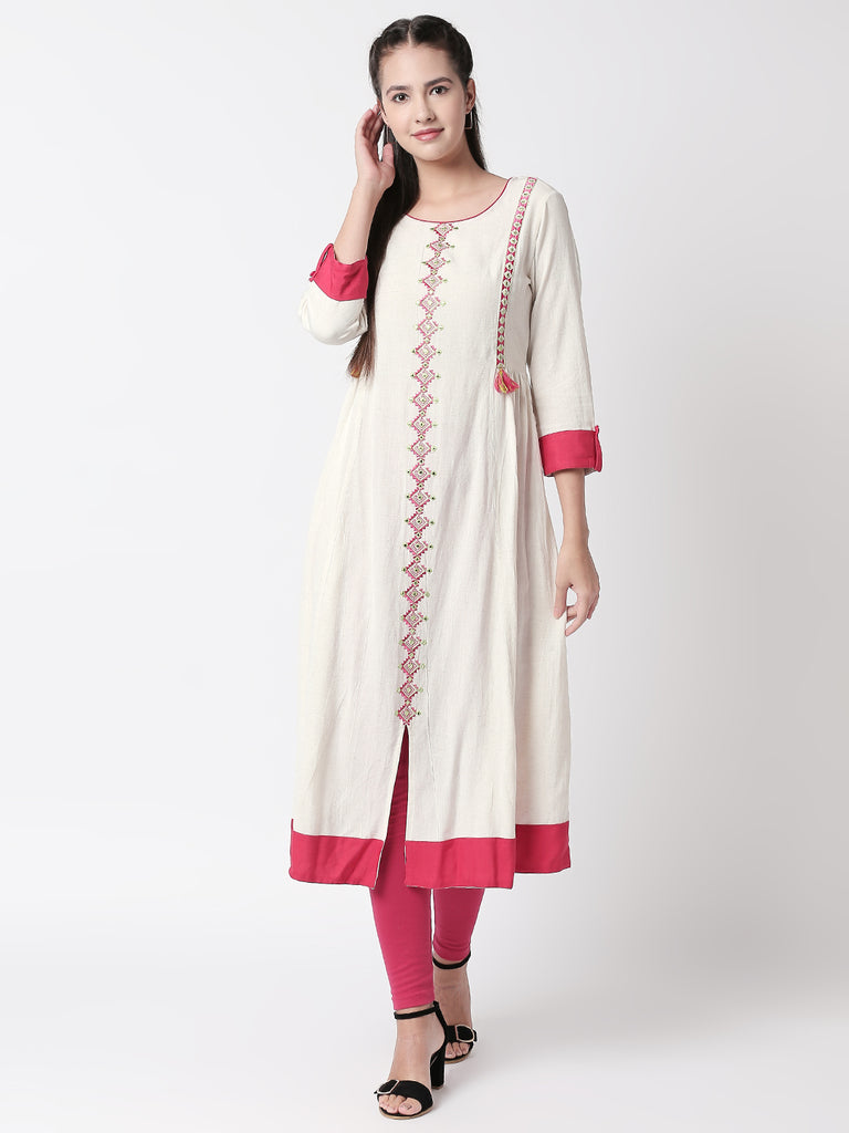 Women Gathered Three-Fourth Ecru Dress