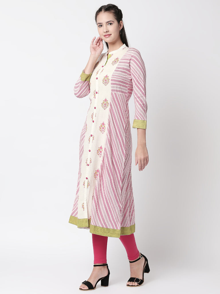 Women A Line Three-Fourth Ecru Kurta