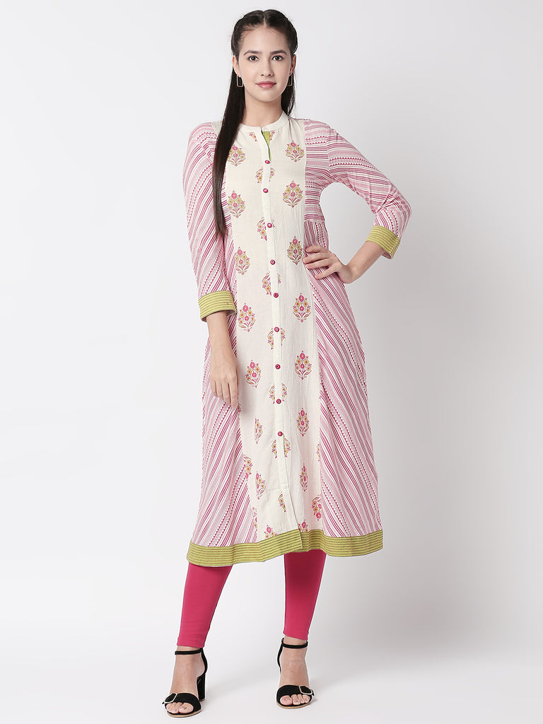 Women A Line Three-Fourth Ecru Kurta