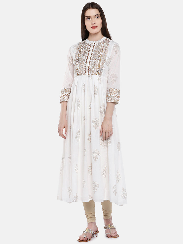 Women Gathered Three-Fourth White Kurta