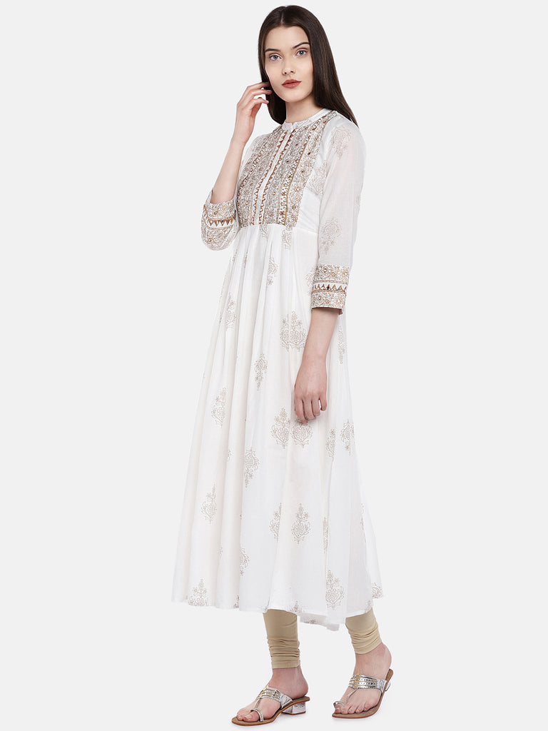Women Gathered Three-Fourth White Kurta
