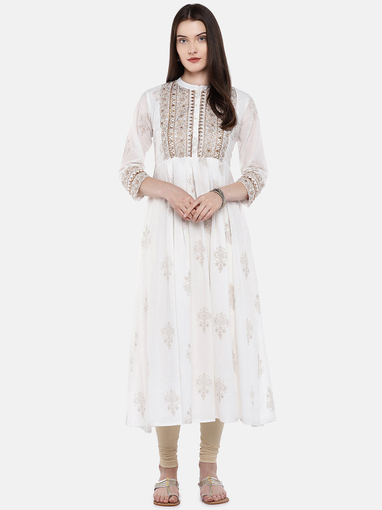 Women Gathered Three-Fourth White Kurta