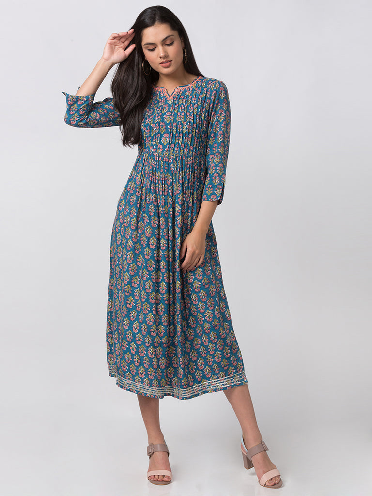 Women Flared Three-Fourth Teal Kurta