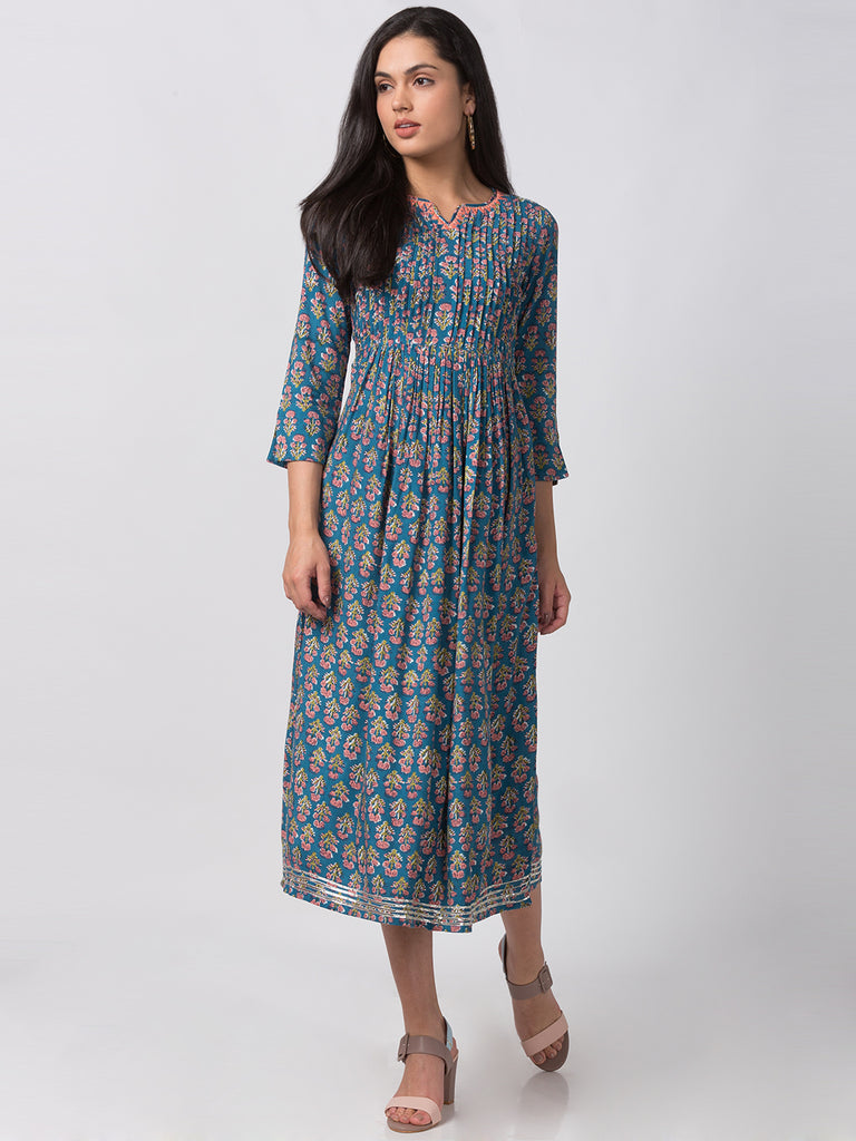Women Flared Three-Fourth Teal Kurta