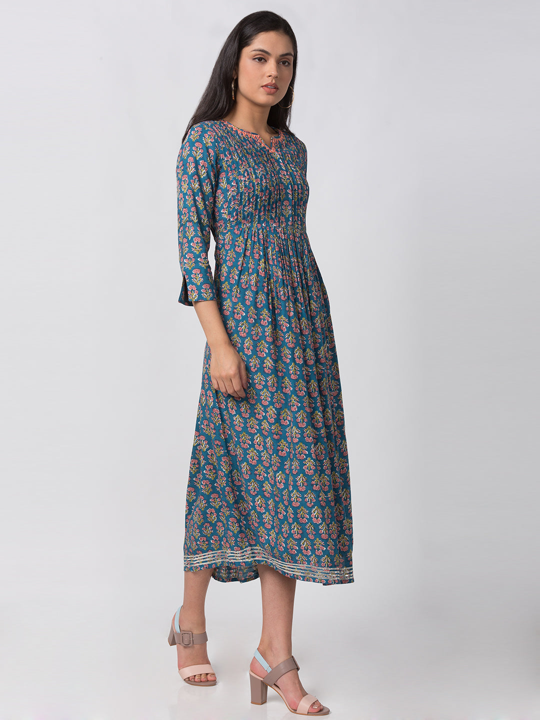 Women Flared Three-Fourth Teal Kurta