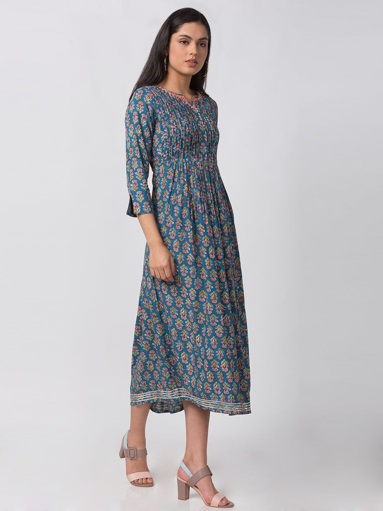 Women Flared Three-Fourth Teal Kurta