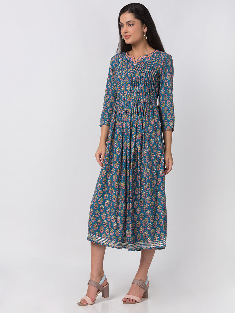 Women Flared Three-Fourth Teal Kurta