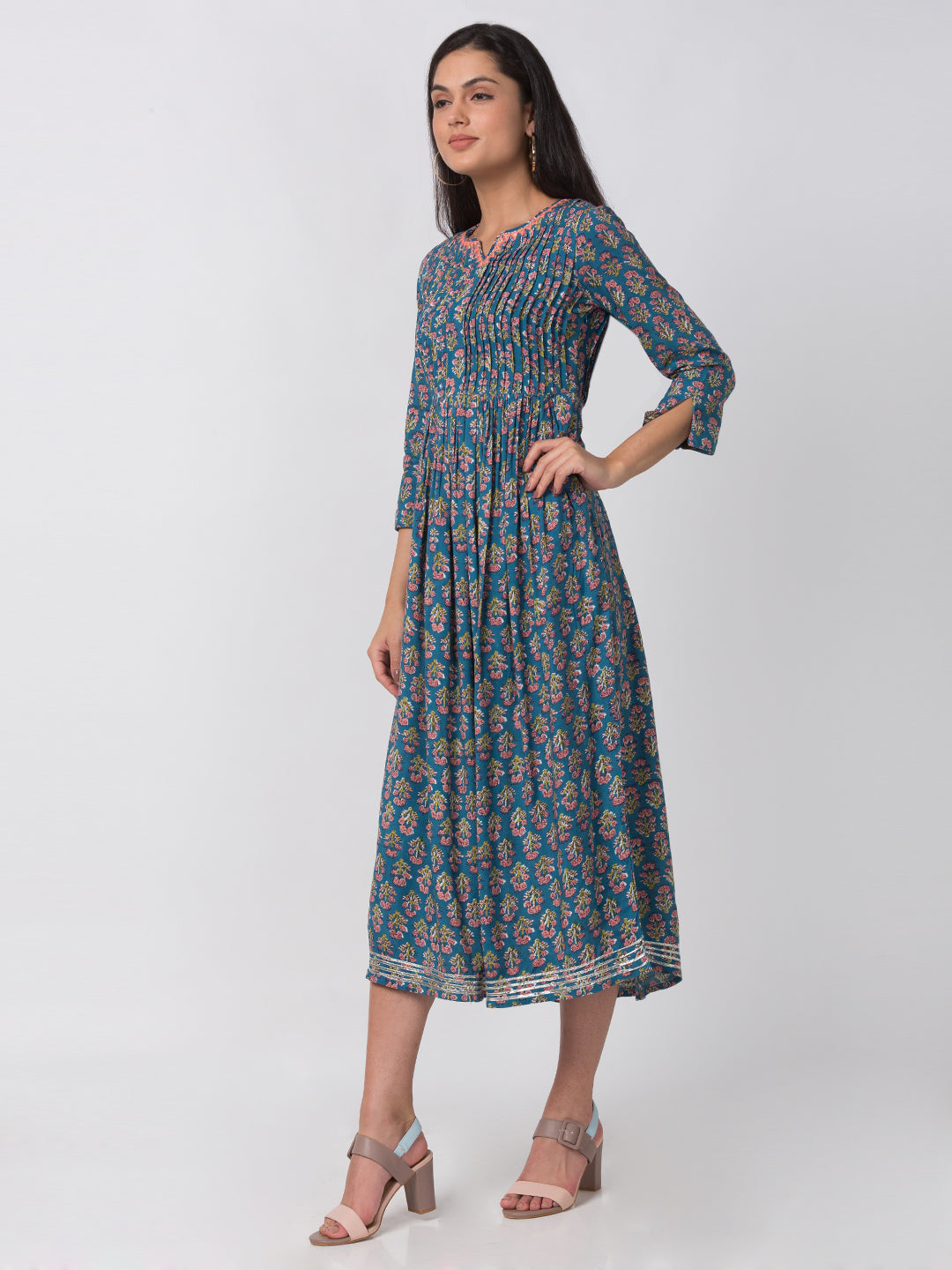 Women Flared Three-Fourth Teal Kurta