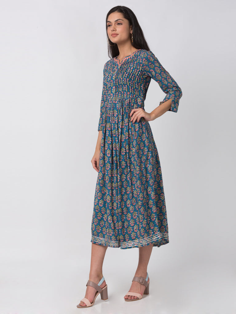 Women Flared Three-Fourth Teal Kurta