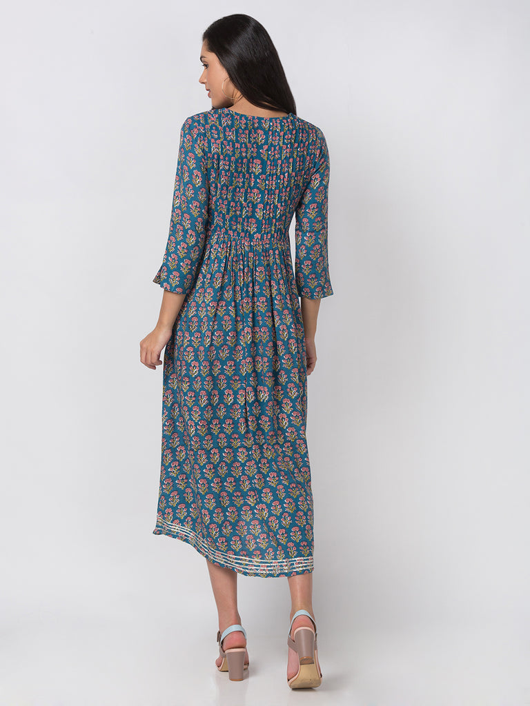 Women Flared Three-Fourth Teal Kurta