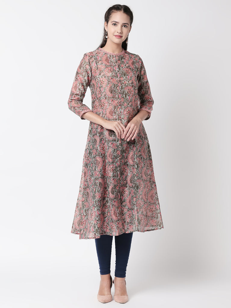 Women A Line Three-Fourth Grey Kurta