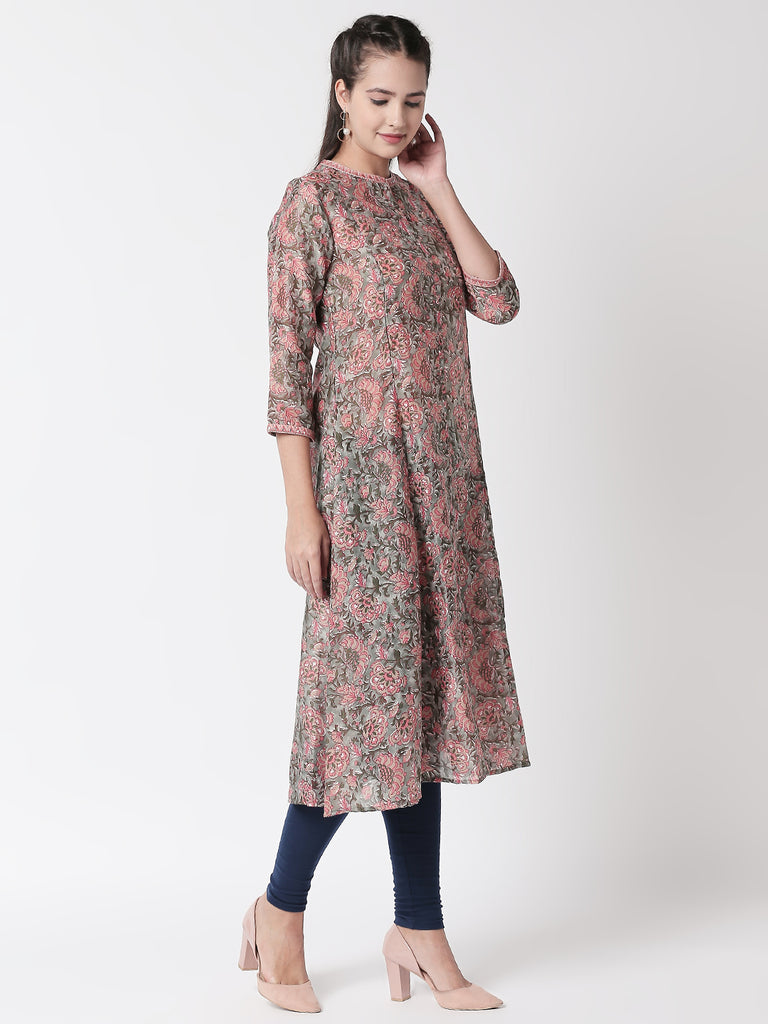 Women A Line Three-Fourth Grey Kurta