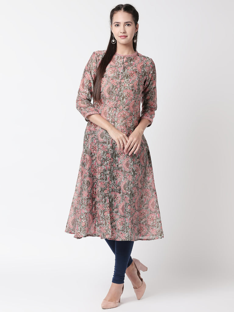 Women A Line Three-Fourth Grey Kurta