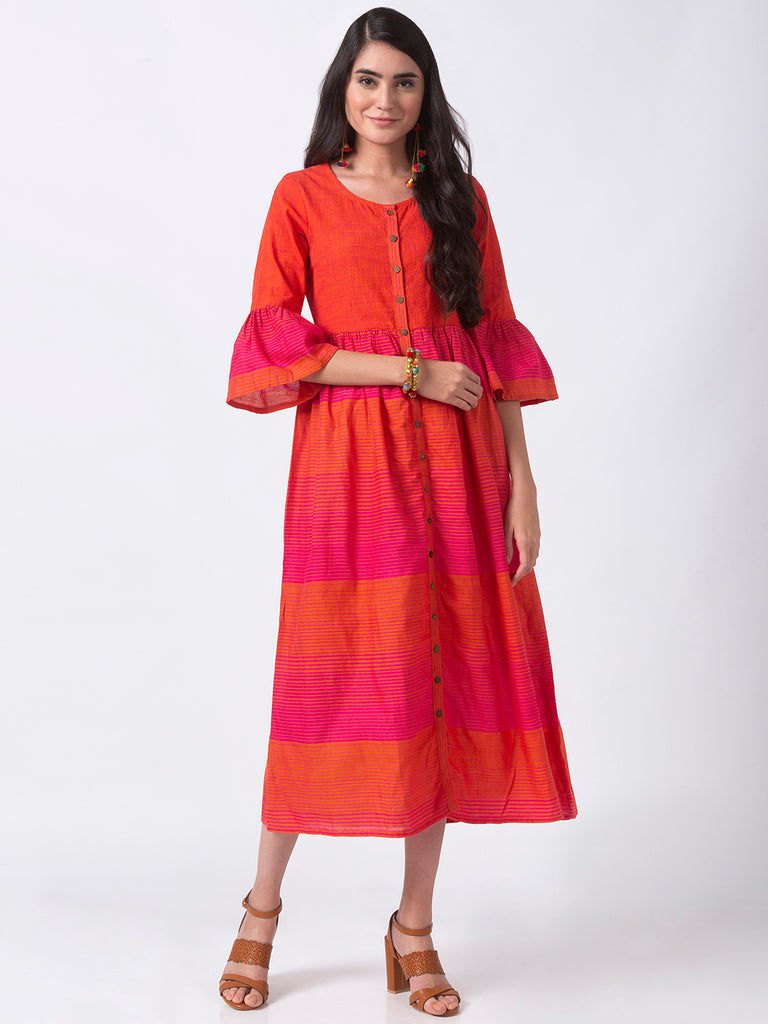 Women Flared Three-Fourth Orange Dress