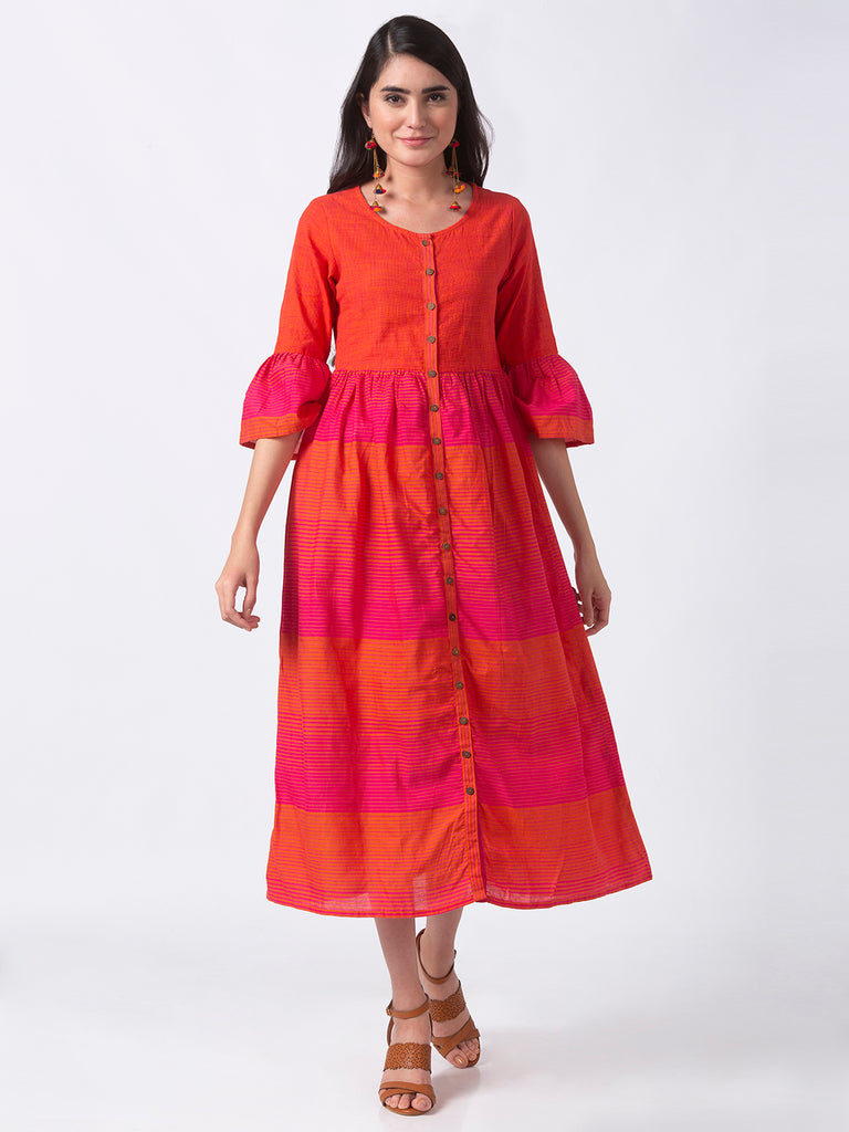 Women Flared Three-Fourth Orange Dress