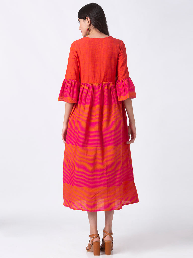 Women Flared Three-Fourth Orange Dress