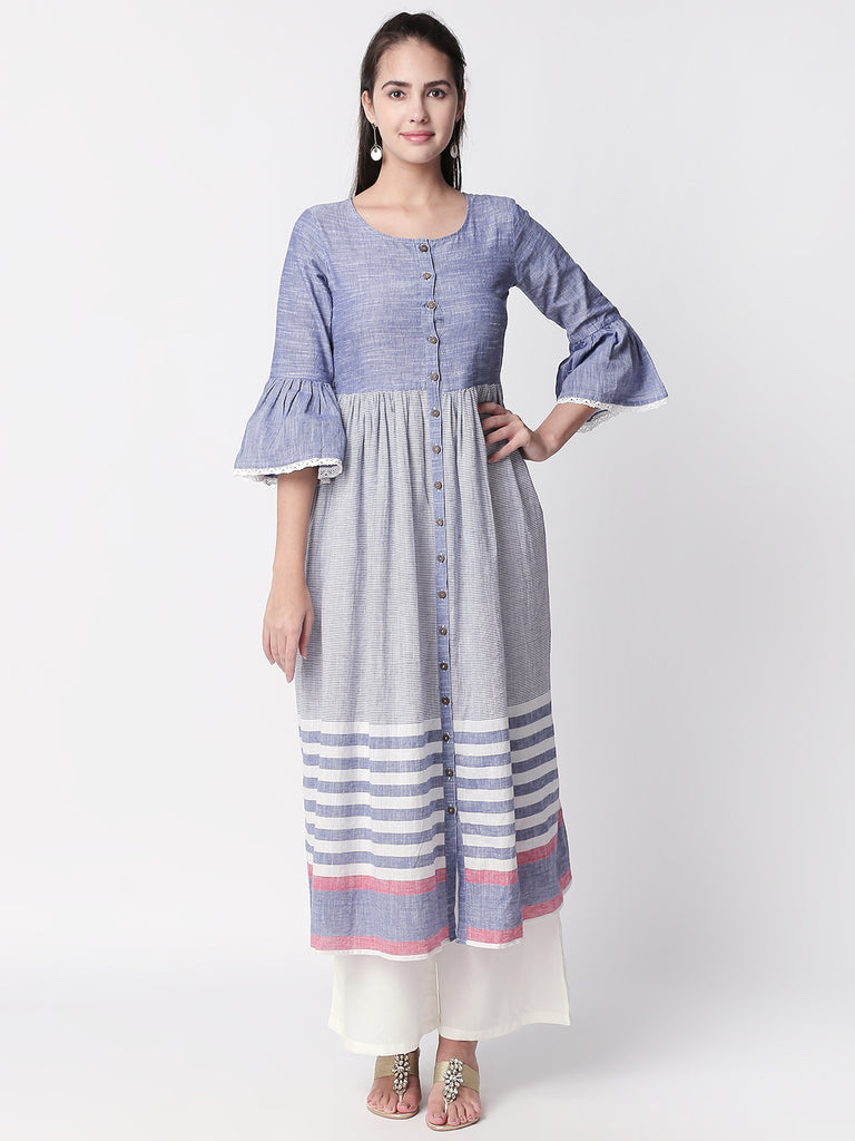 Casuals Women Gathered Three-Fourth Blue Kurta
