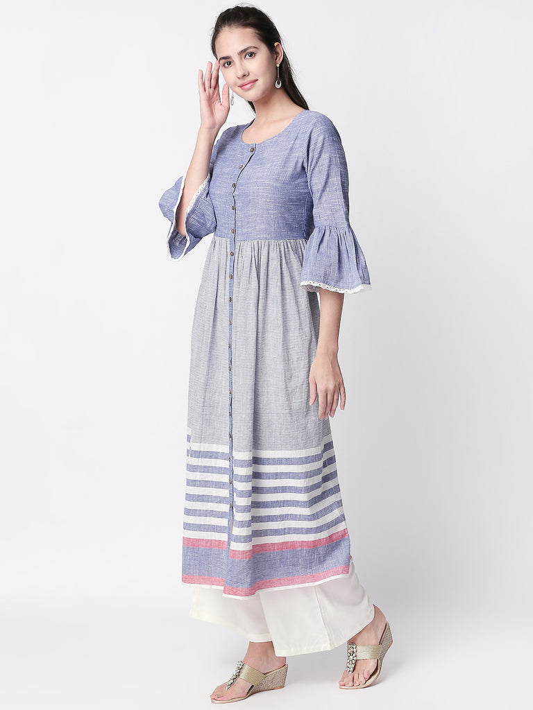 Casuals Women Gathered Three-Fourth Blue Kurta