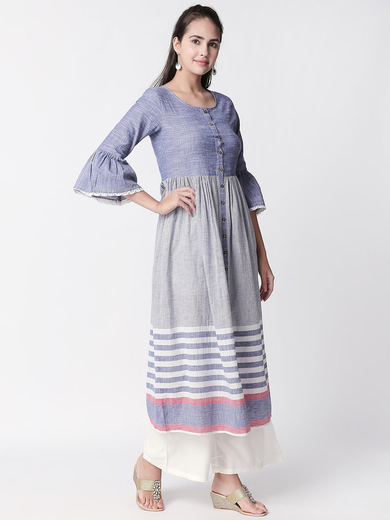 Casuals Women Gathered Three-Fourth Blue Kurta
