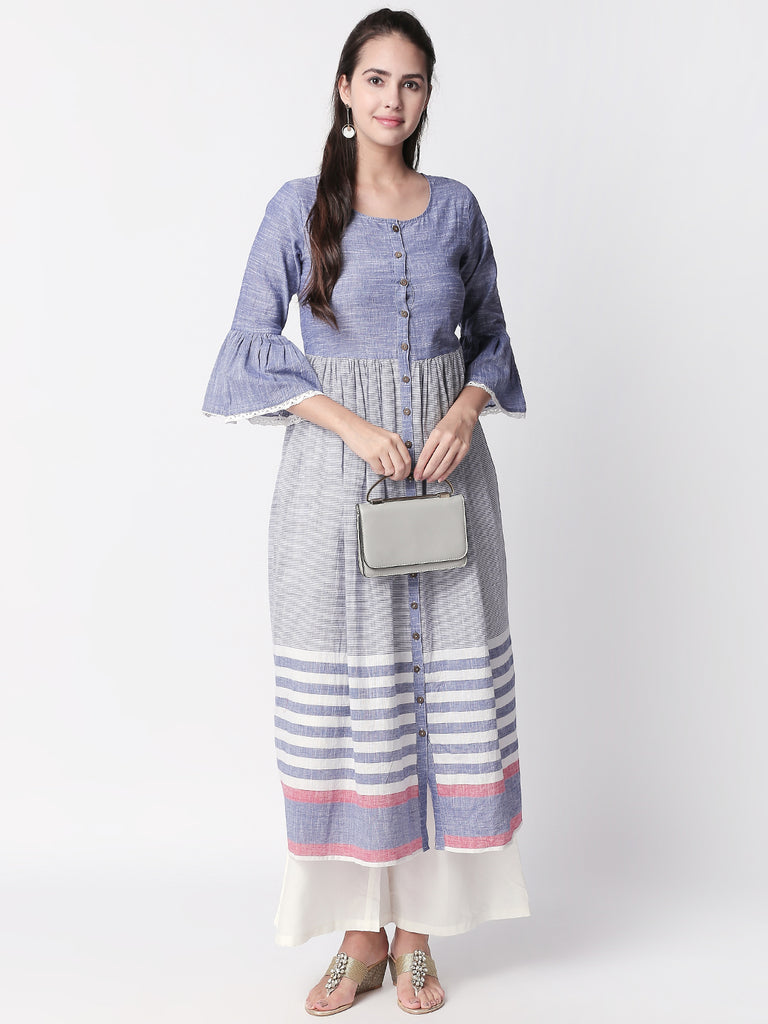Casuals Women Gathered Three-Fourth Blue Kurta