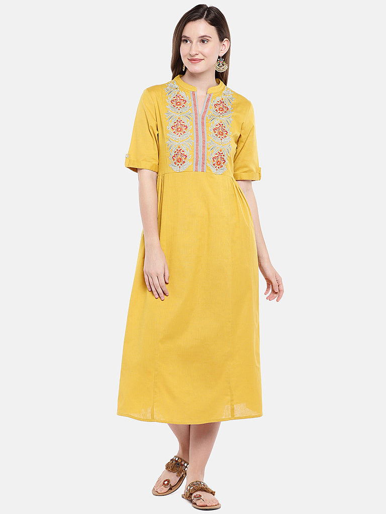 Women Flared Elbow Sleeve Mustard Dress