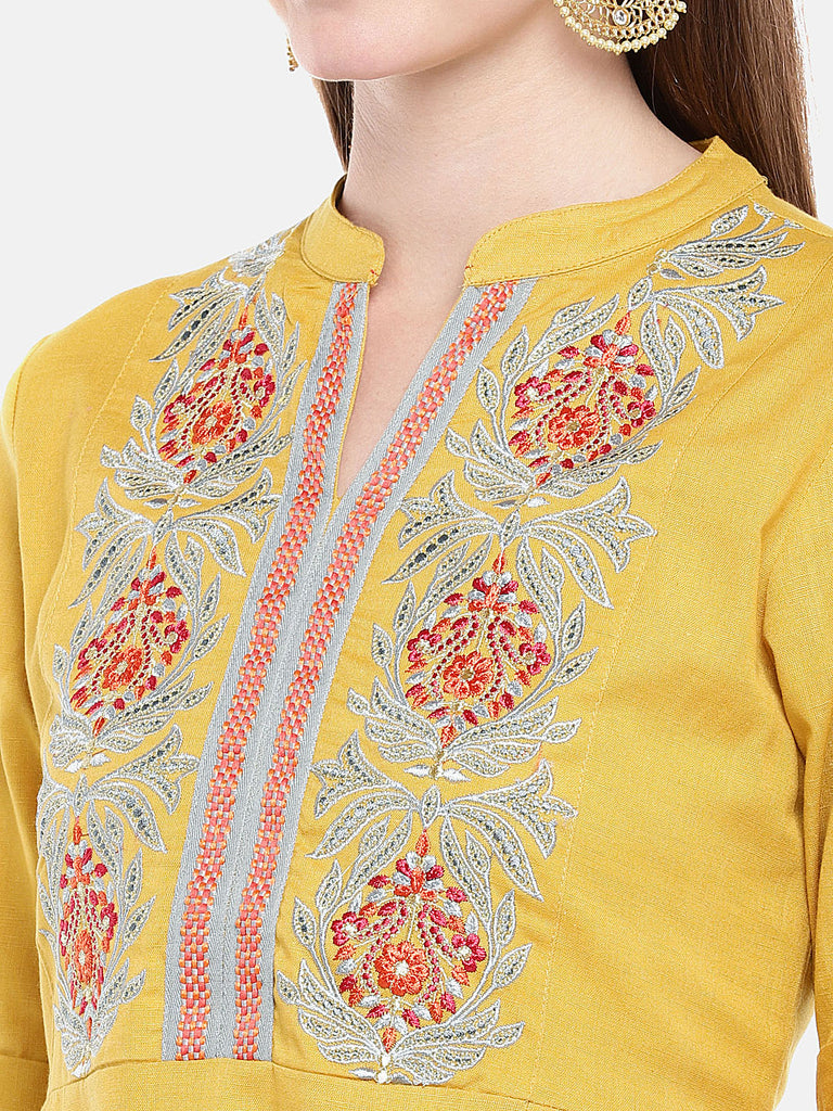 Women Flared Elbow Sleeve Mustard Dress