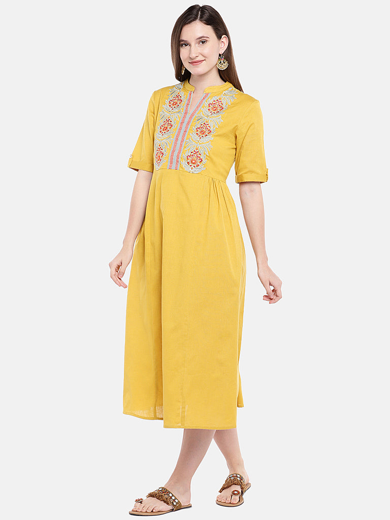 Women Flared Elbow Sleeve Mustard Dress