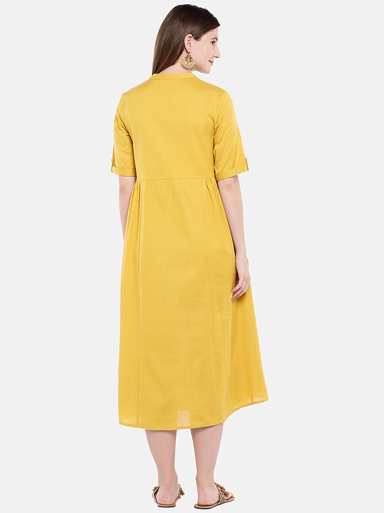 Women Flared Elbow Sleeve Mustard Dress