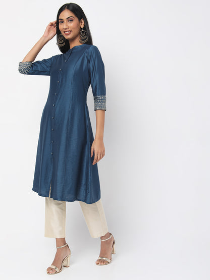 Women's Blue Gadhwaal Solid Kurta