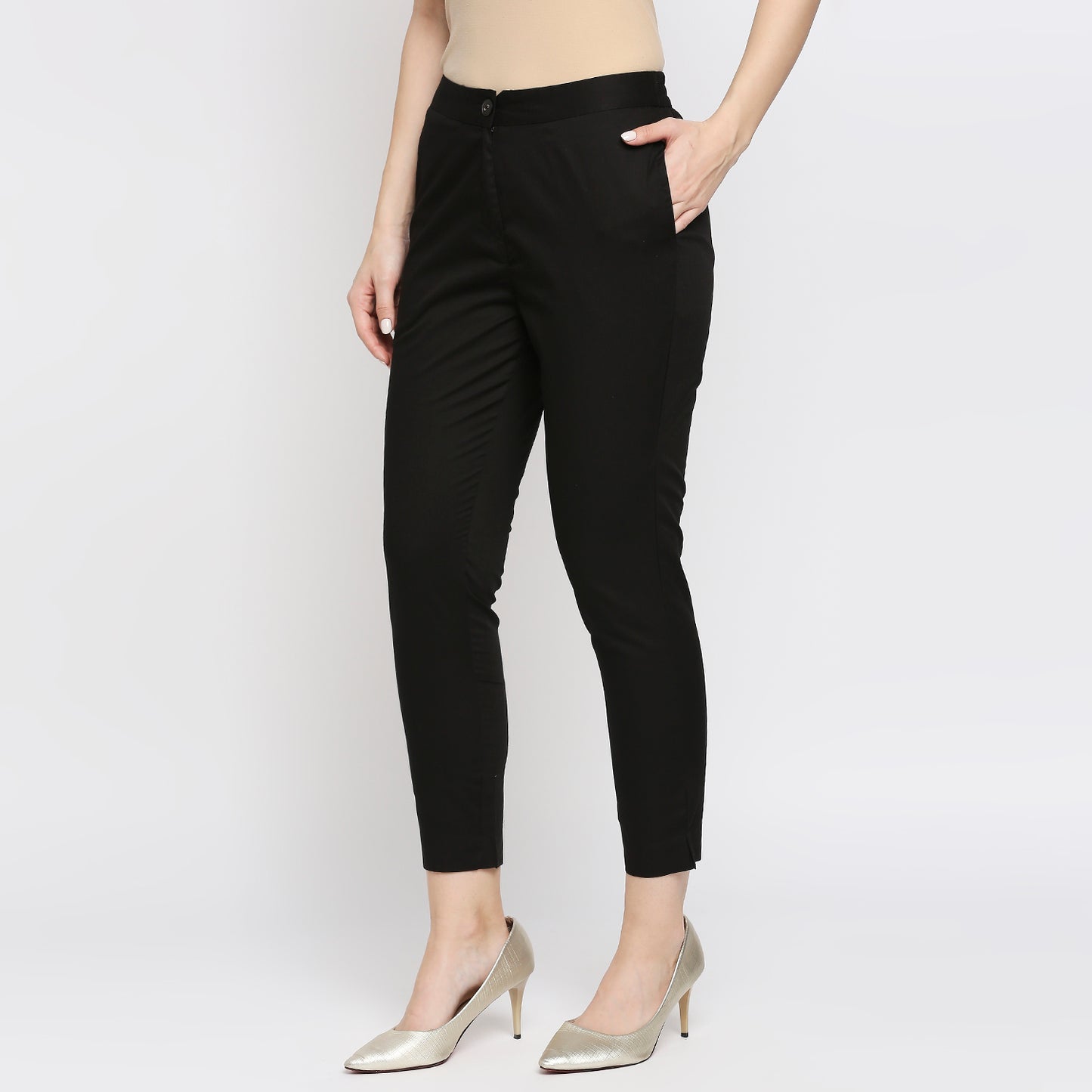 Women's Black Cotton Solid Pants