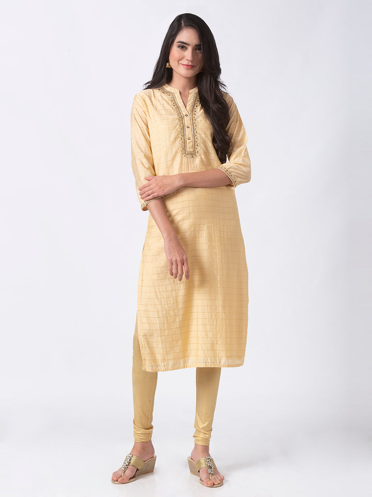 Festive Women Straight Three-Fourth Beige Kurta